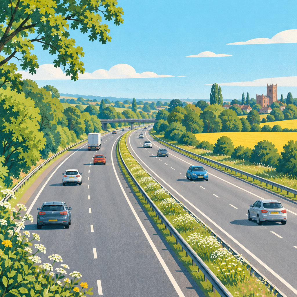 Editorial illustration of traffic travelling along an open British dual carriageway.