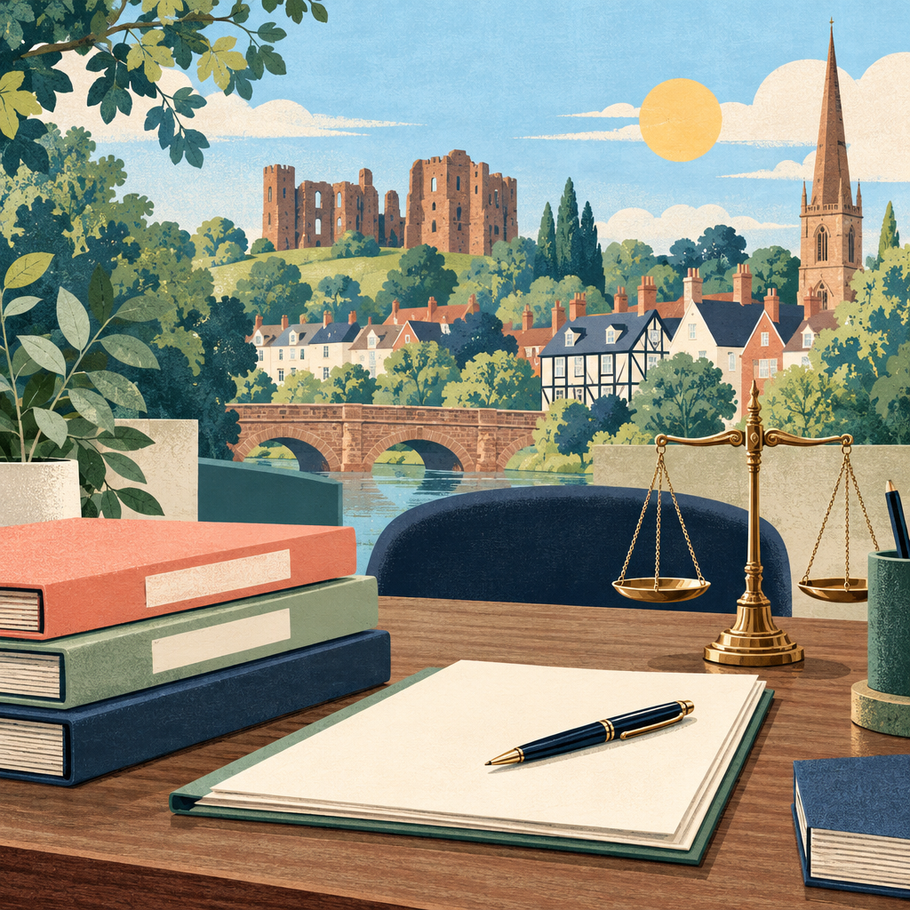 Editorial illustration of document folders, a pen and scales of justice on a desk.
