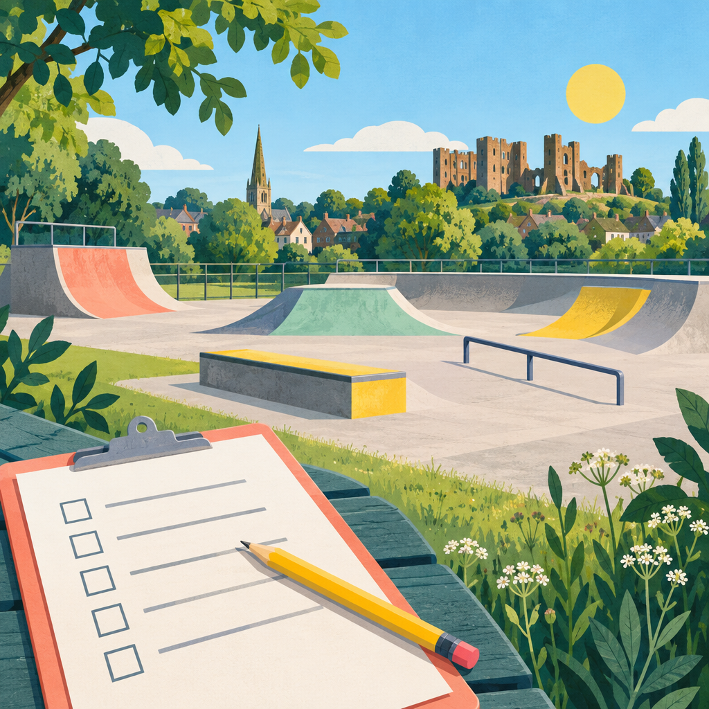 Conceptual illustration of skate ramps beside a blank questionnaire and pencil, representing feedback on skate area improvements.
