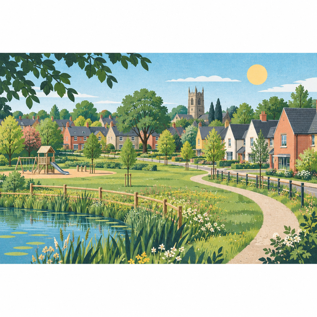 Conceptual illustration of homes, parkland, a cycle path and a playground, not the proposed site layout.