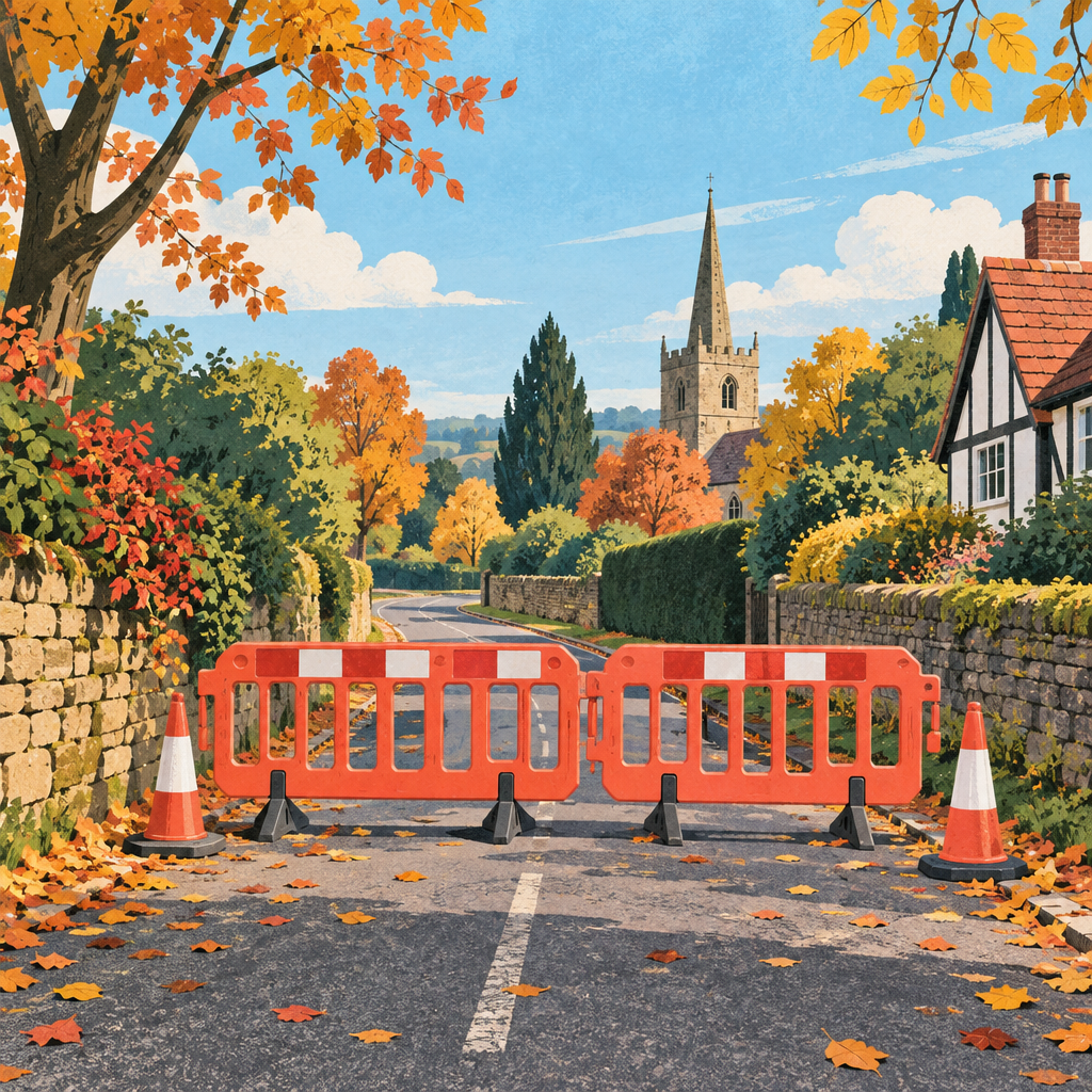 Editorial illustration of a generic lane with temporary road barriers and autumn foliage.