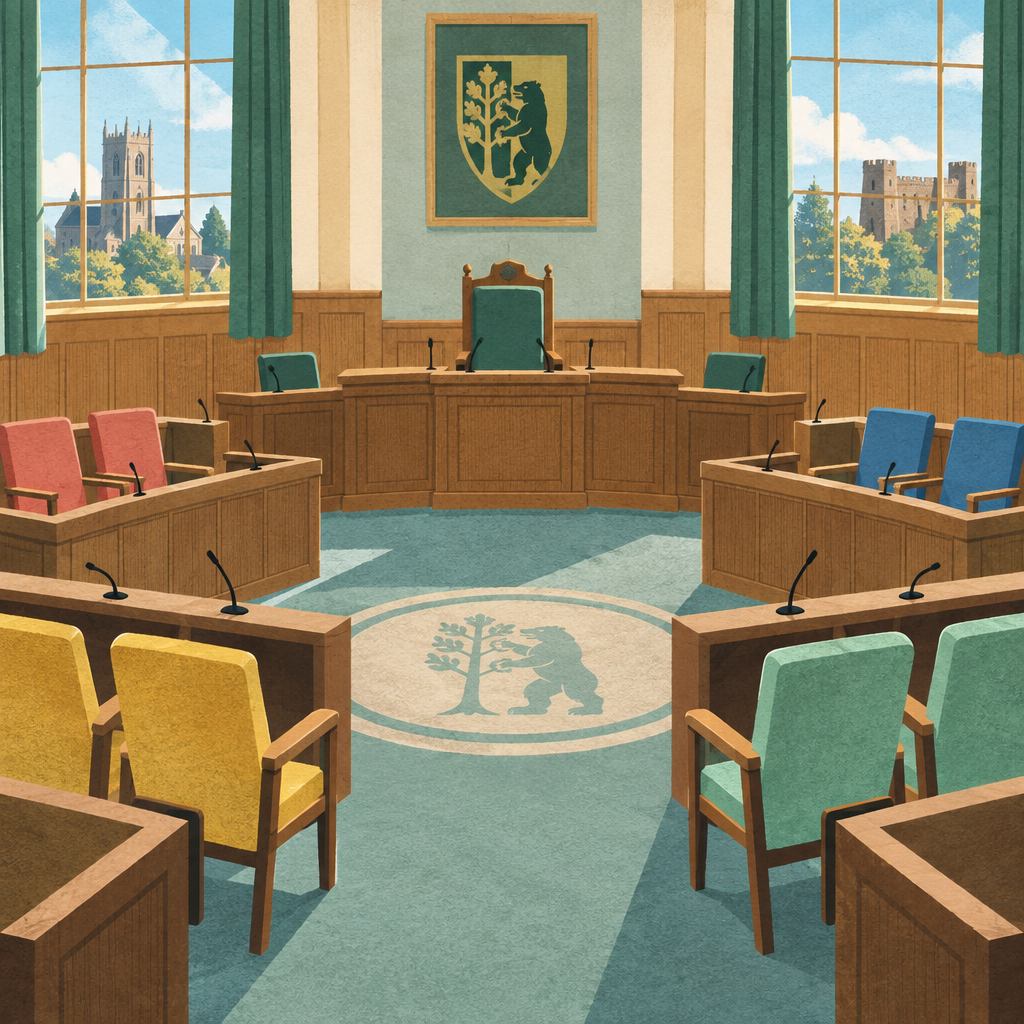 Editorial illustration of an empty council chamber with separated groups of chairs and a central leadership chair.