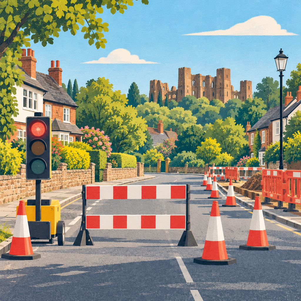Editorial illustration of temporary traffic lights, cones and a road closure barrier on a residential street.