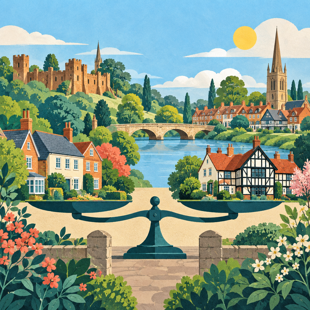 Editorial illustration of two groups of homes representing a comparison of Warwickshire town house prices.