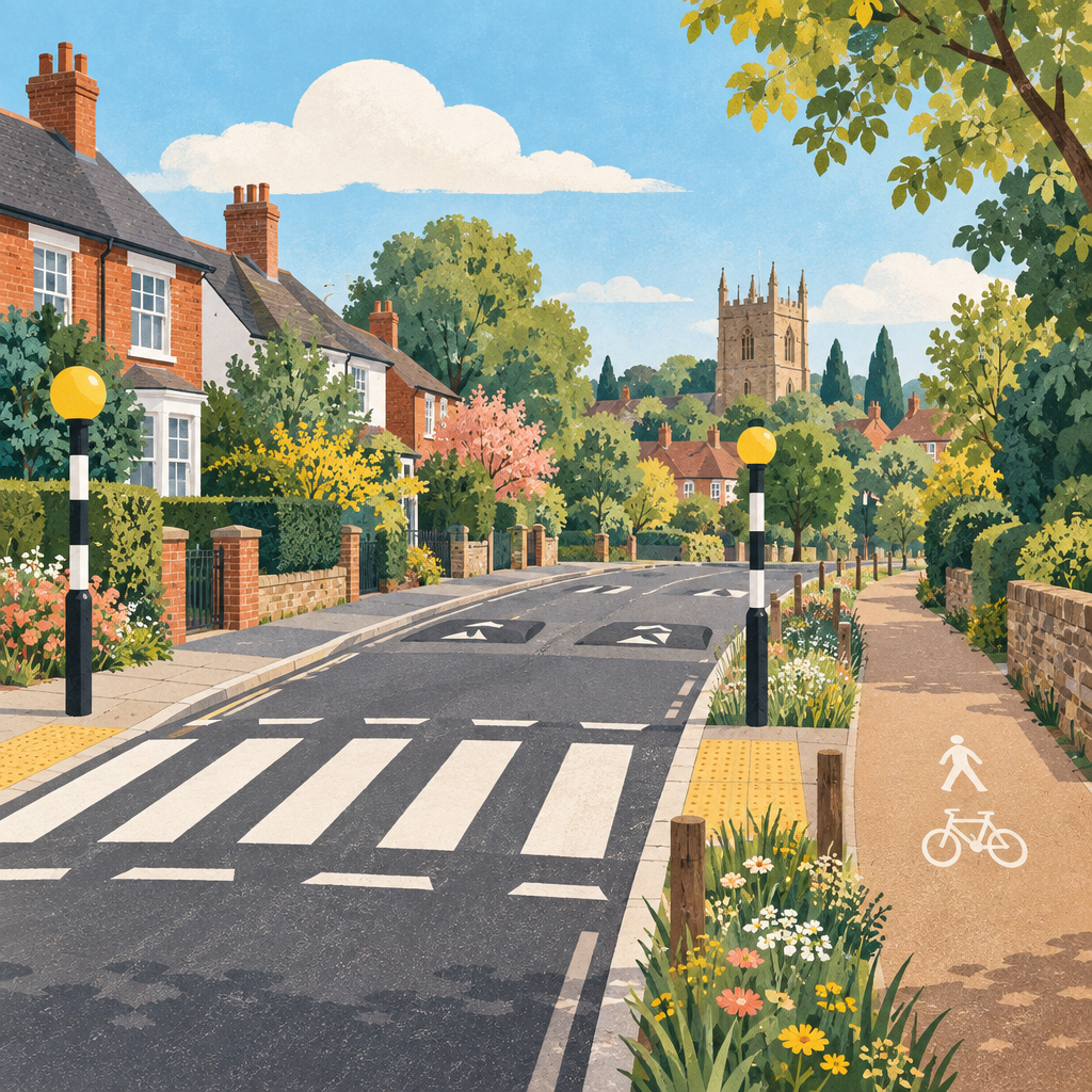 Editorial illustration of a proposed zebra crossing, traffic calming and shared walking and cycling path on a residential road.