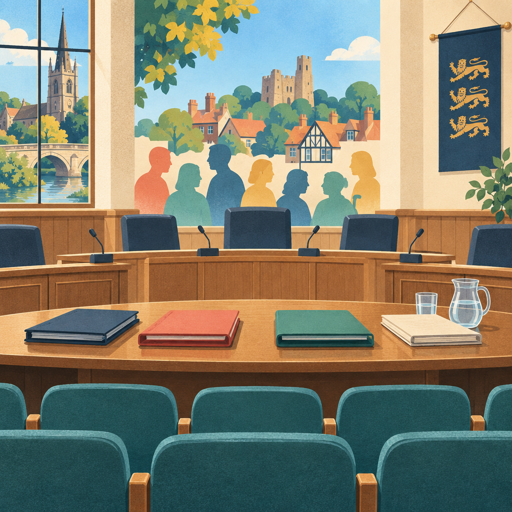 Editorial illustration of council documents on a desk beside an empty public gallery.