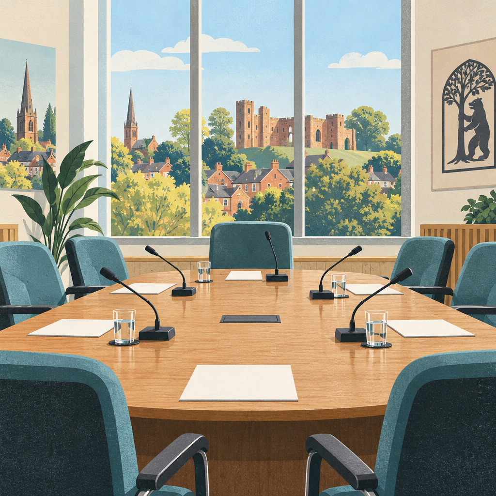 Editorial illustration of empty chairs, microphones and blank papers around a council committee table.