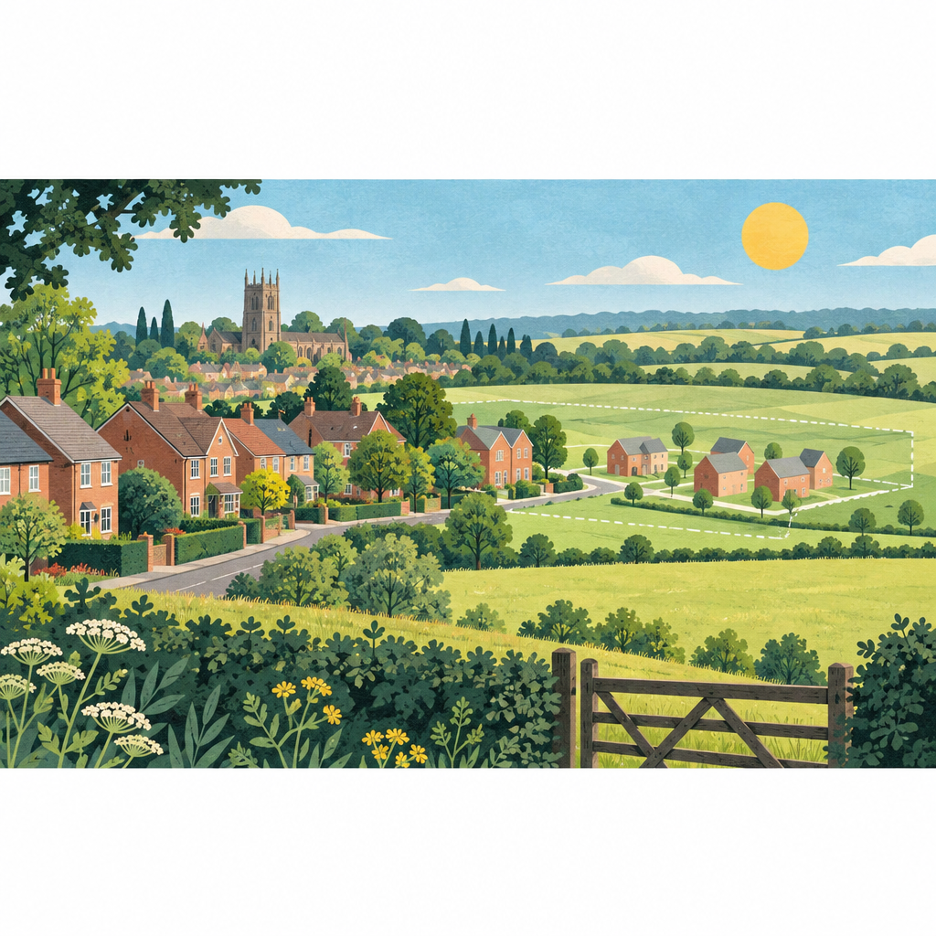 Conceptual illustration of housing beside open land, representing a proposed town-edge development rather than an actual site layout.