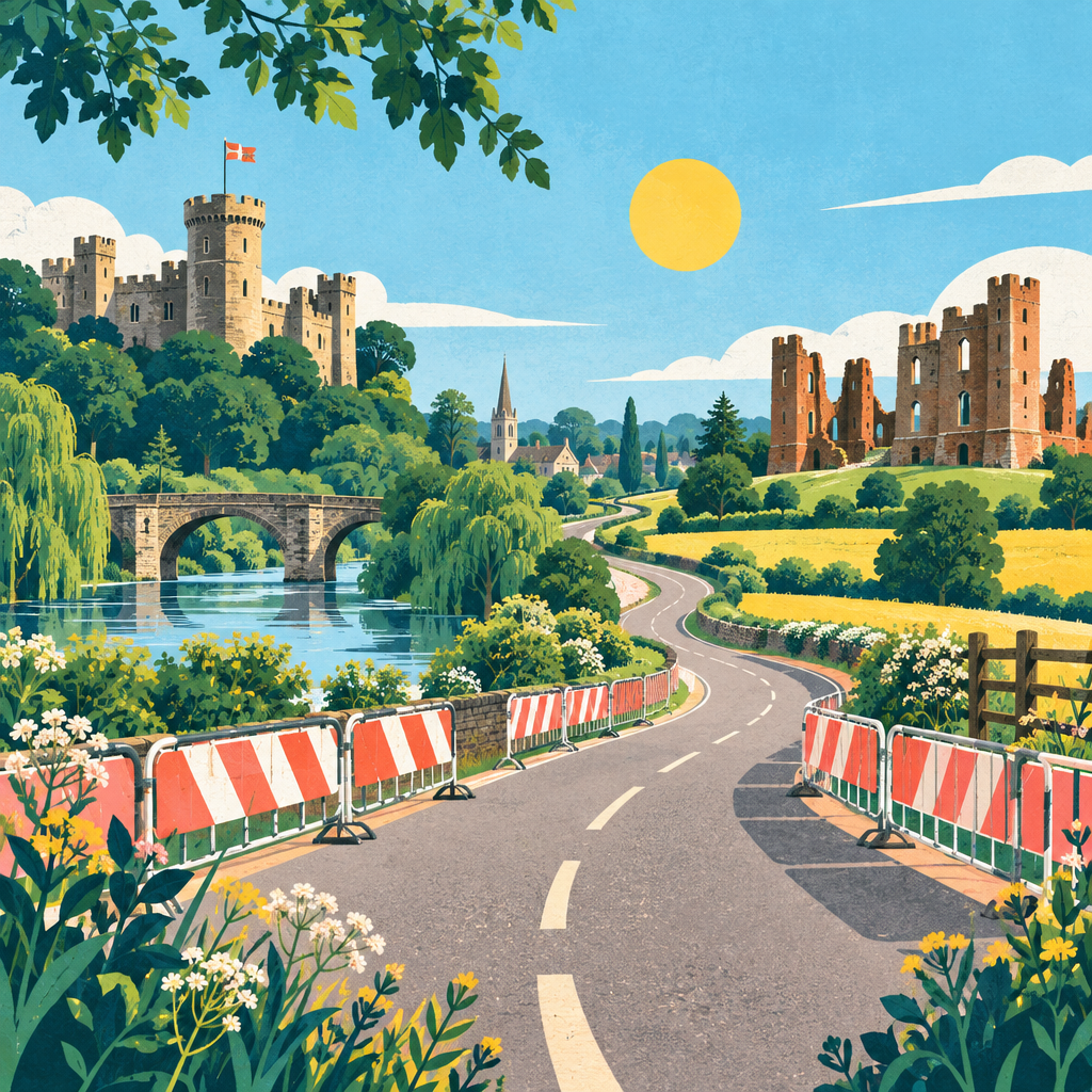 Editorial illustration of two castles linked by a winding road with temporary closure barriers.