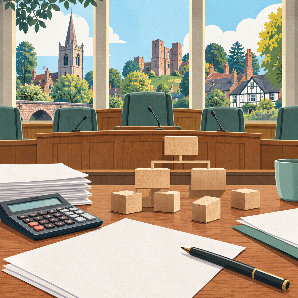 Editorial illustration of council spending papers and an unfinished arrangement of blocks representing a paused reorganisation.