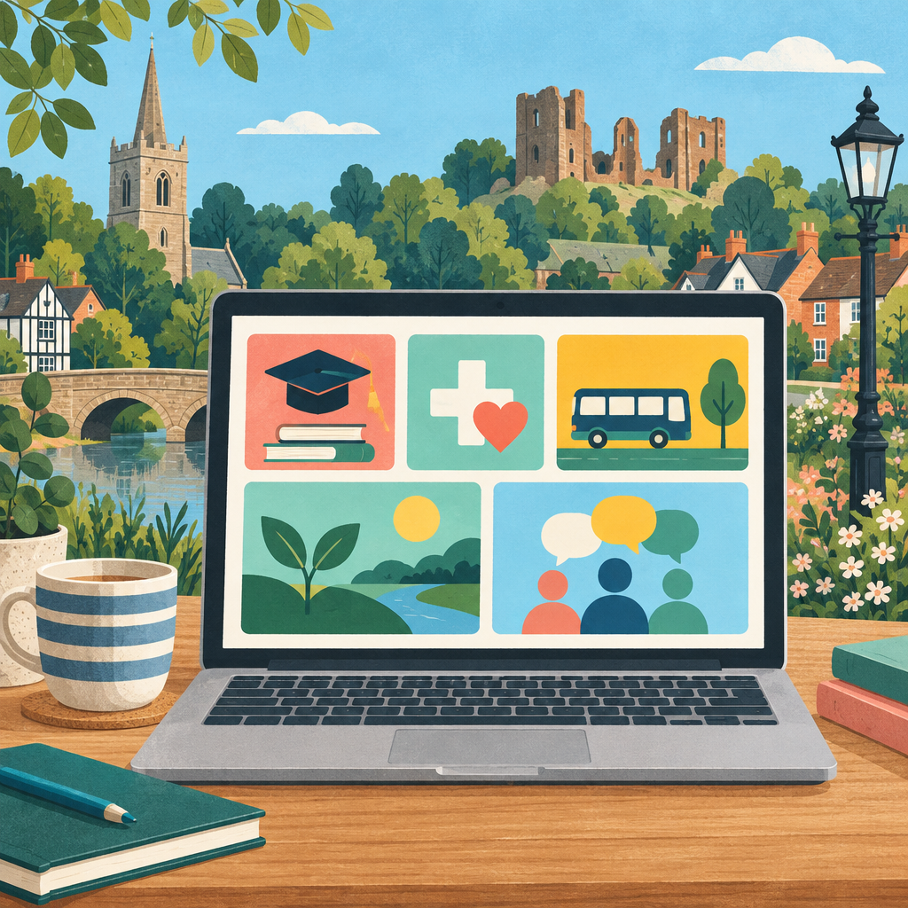Editorial illustration of a laptop displaying abstract symbols for council services and community information.