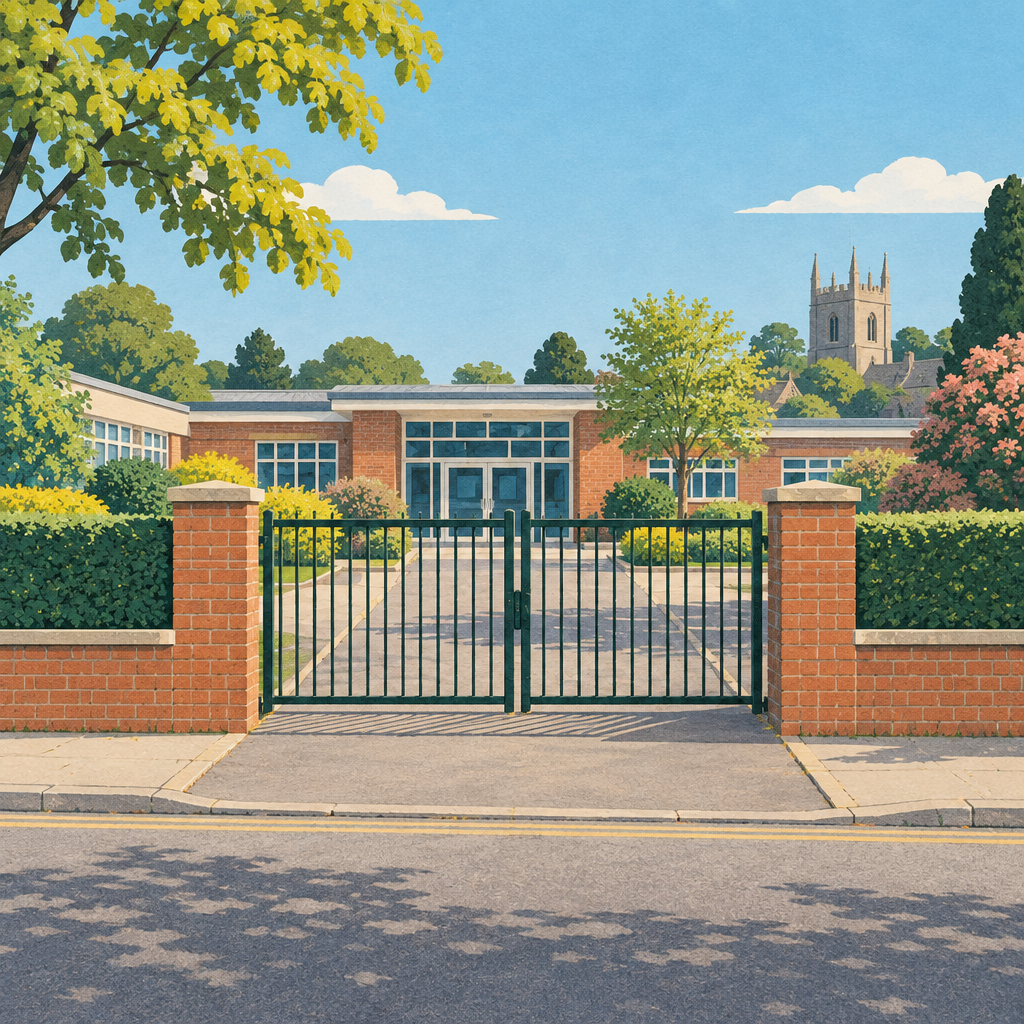 Editorial illustration of a generic school entrance with closed gates.